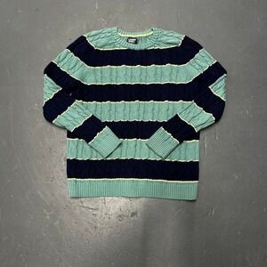 Vintage women's cozy aqua and navy blue striped cable knit sweater Size S